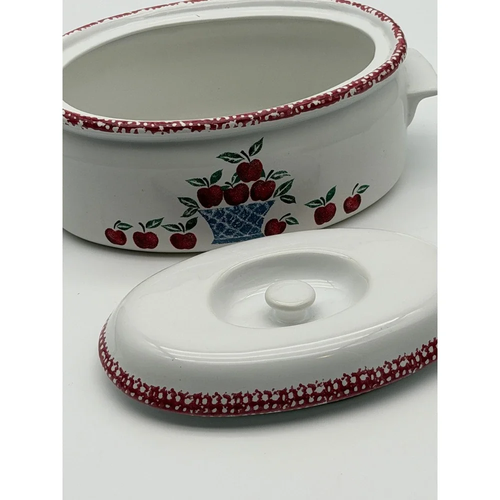 Vintage Apple Basket Oval Ceramic Casserole Dish with Lid Red Spongeware Trim
